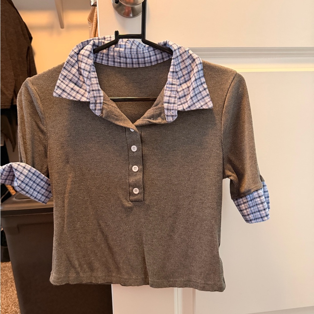 Gray and Blue Plaid Collar Polo Shirt